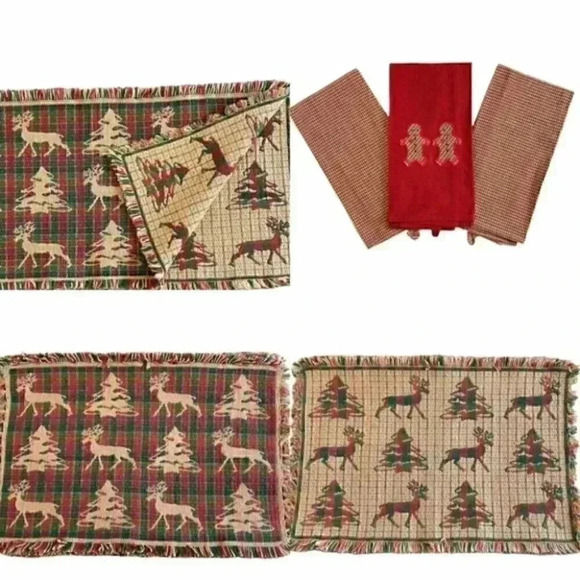 Table Runner Placemats  Towel Set Red Plaid Christmas Reindeer Motif - Picture 8 of 8